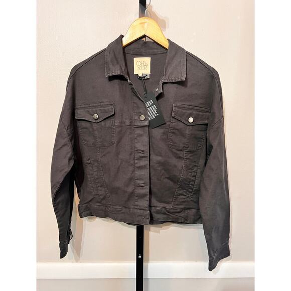 NWT Chaser Trucker Jacket Long Sleeves Button Front Cropped Black Womens Small - Picture 1 of 7